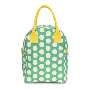 Fluf brand organic cotton sustainable lunch bag, shown in cat print with yellow handle, on blue and orange