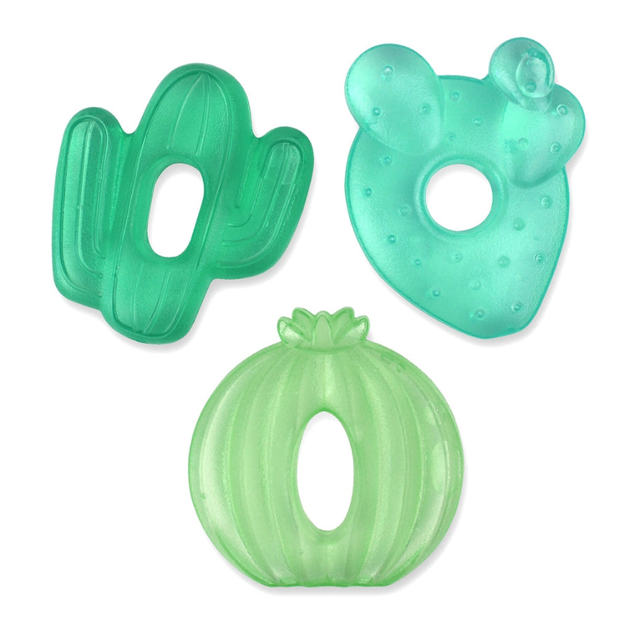 Three colorful baby teething rings in silly food shapes on a white background, made by Itzy Ritzy brand