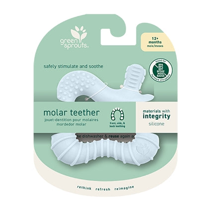 Green Sprouts silicone teether shown in molar style, light blue in color