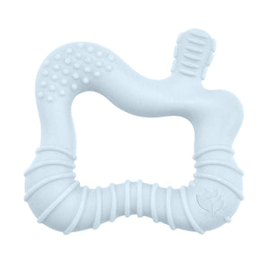 Green Sprouts silicone teether shown in molar style, light blue in color