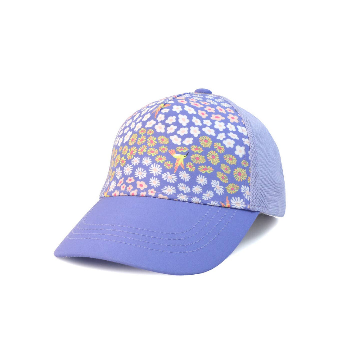Peach-colored kids ball cap with bee pattern on a white background