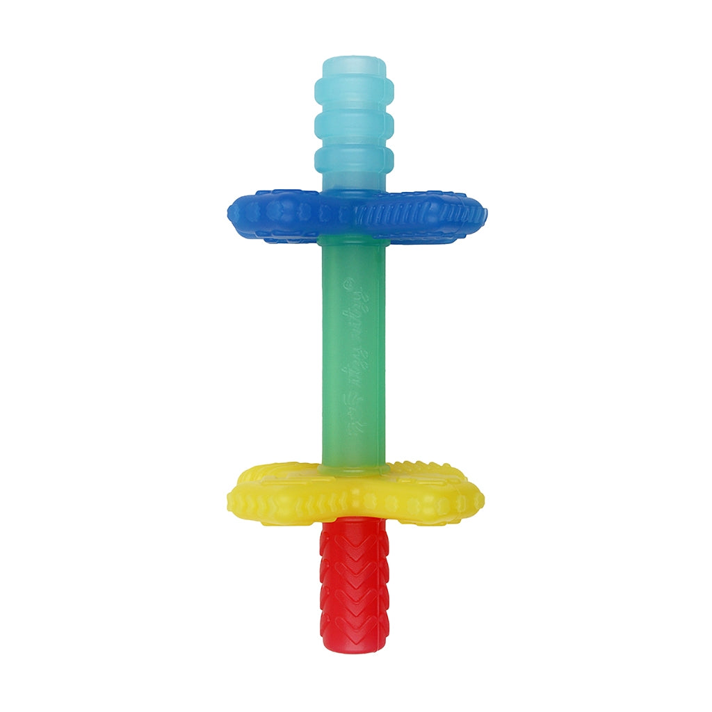 Colorful plastic teething tube with blue, green, yellow, and red sections on a white background