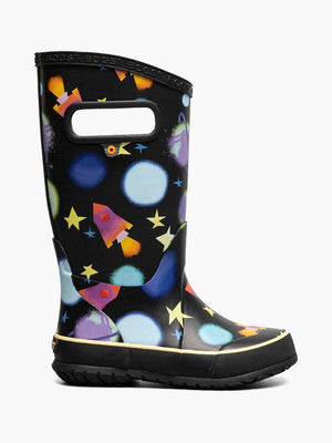 Bogs brand rain boots for kids, shown in 2024 abstract shapes color scheme with blues and purple tones