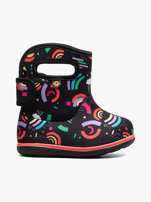 Baby Bogs 2024 version, neoprene winter boots for toddlers, shown in rainbow fun print on black