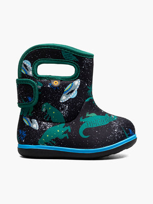 Baby Bogs 2024 version, neoprene winter boots for toddlers, shown in rainbow fun print on black