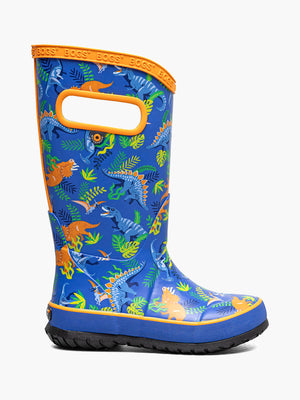 Bogs brand rain boots for kids, shown in 2024 abstract shapes color scheme with blues and purple tones