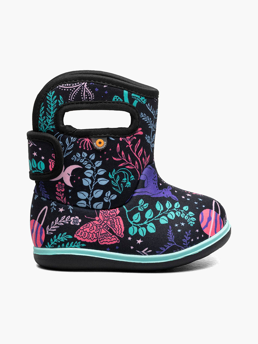 Baby Bogs II neoprene boots for toddlers, shown in cosmic forest print on black