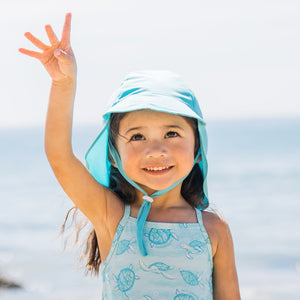green sprouts sun flap hat made from recycled polyesters, shown in aqua color