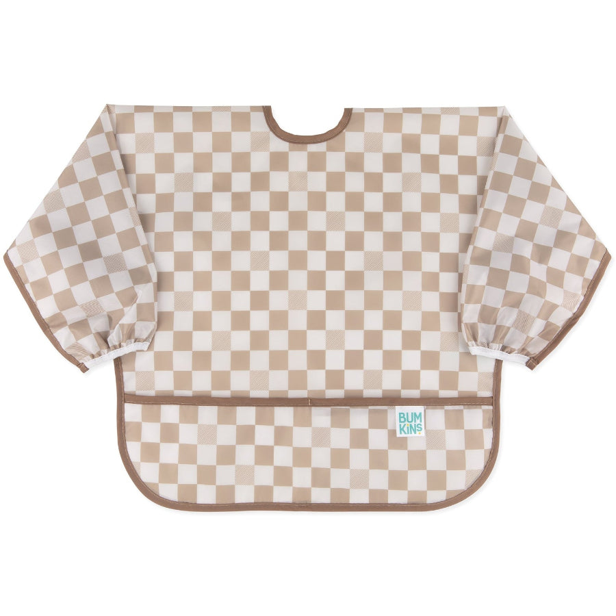 Bumkins Sleeved Bib for 6 to 18 months, ties at back, shown in motley check print