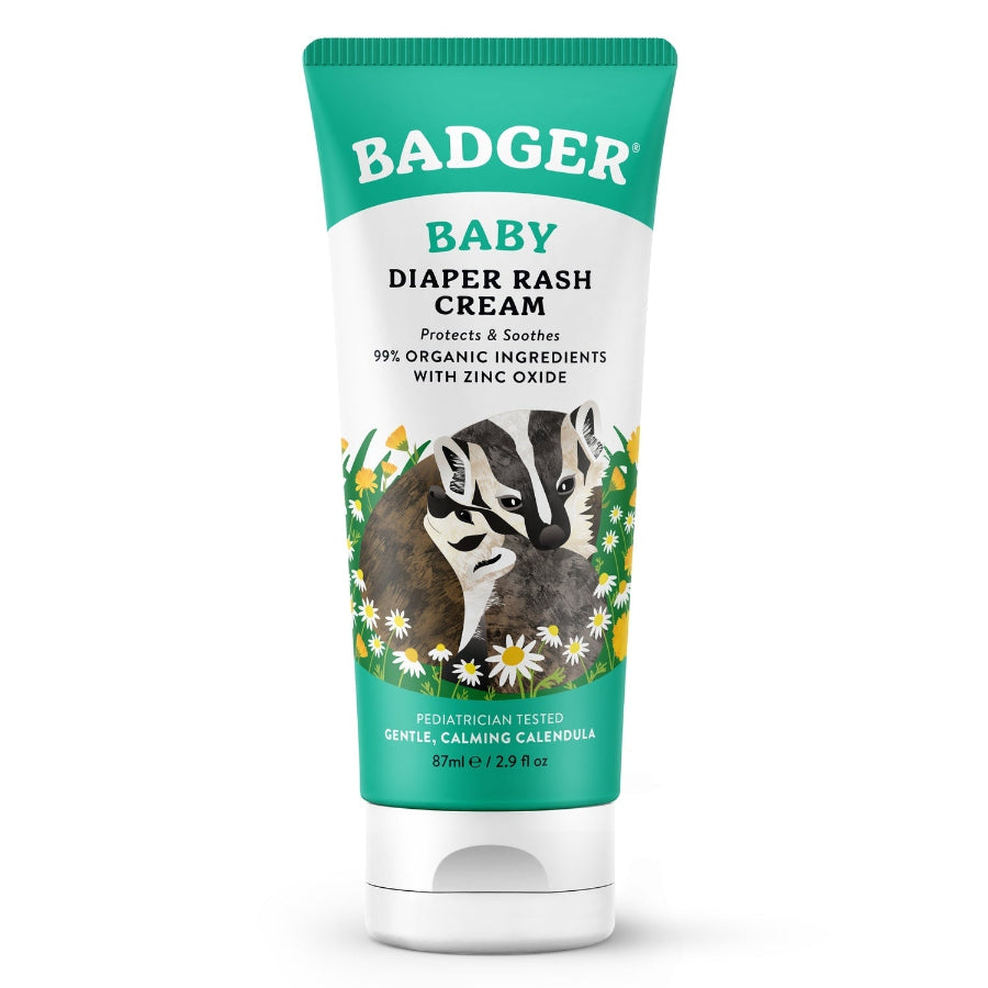Badger brand zinc oxide diaper cream, tube shown, with calendula, beeswax, and sunflower ingredients