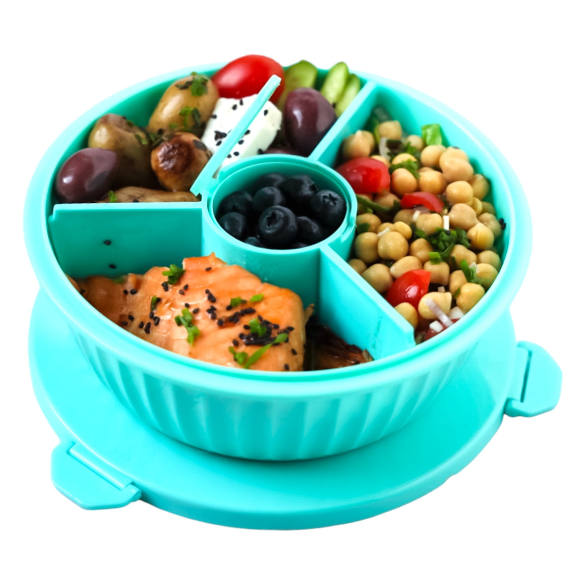 Yumbox's Poke Salad Bowl in tangerine orange with food