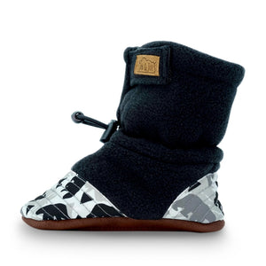 Cozy Stay-Put Booties for babies, with toggle at ankle, shown in black and white bear print