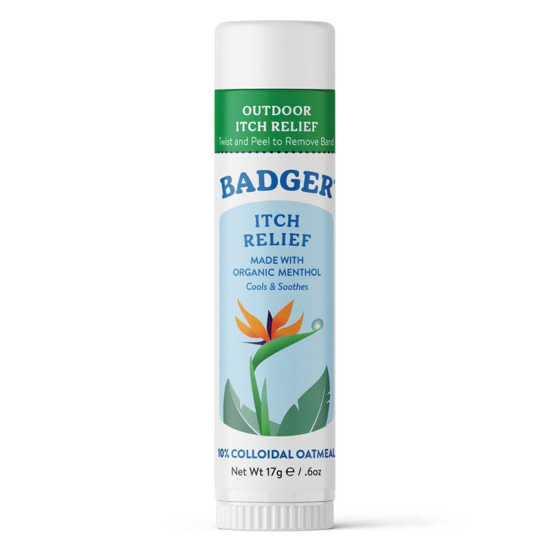 Badger Itch Relief stick with branding and product details on a white background, made in the USA