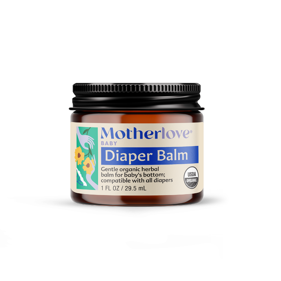 Motherlove diaper balm packaging with jar and box on a white background
