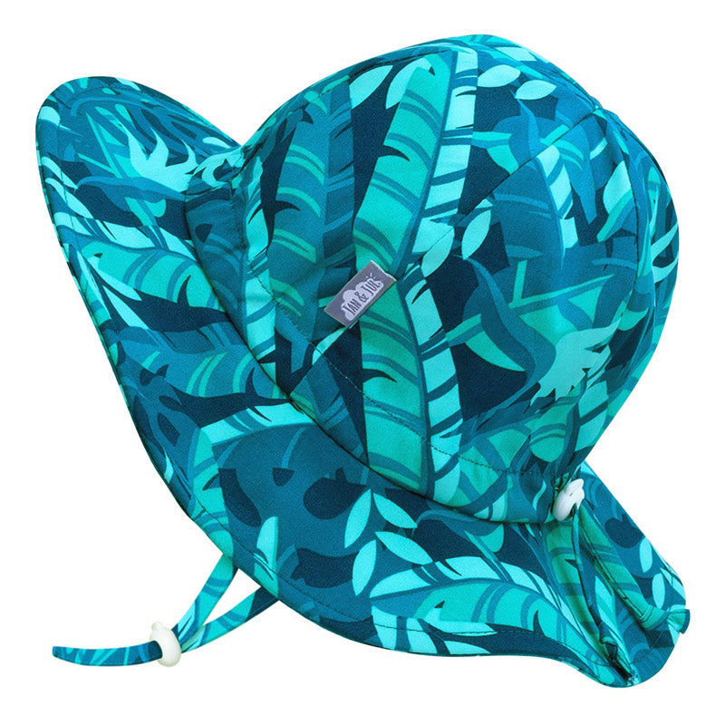 Jan & Jul brand kids cotton floppy sun hat with tie, shown in goose print, blue and white, on white background