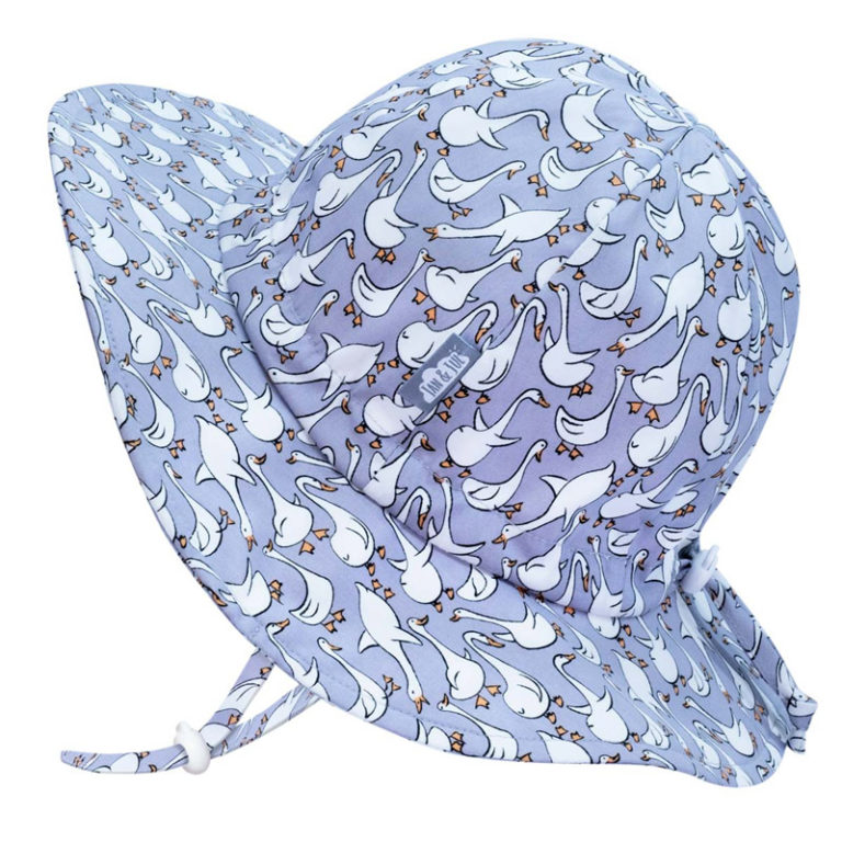Jan & Jul brand kids cotton floppy sun hat with tie, shown in goose print, blue and white, on white background