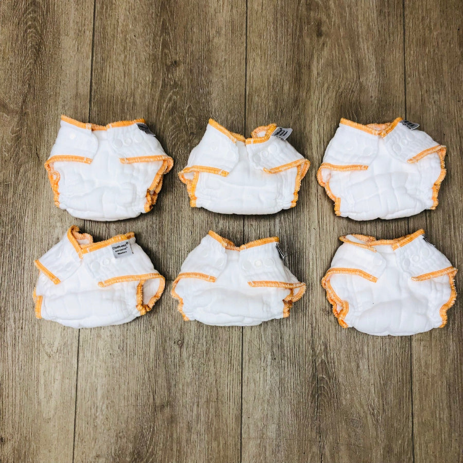 Workhorse fitted cloth diapers in newborn size, 6 pack of gently used diapers for sale