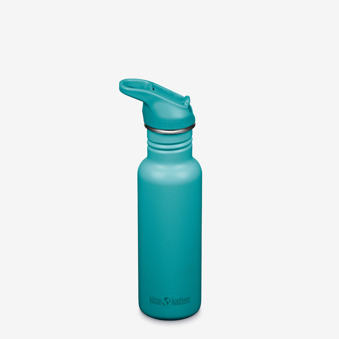 Klean Kanteen brand water bottle, 18 oz capacity, narrow with flip cap, shown in solid blue corsair color on white background