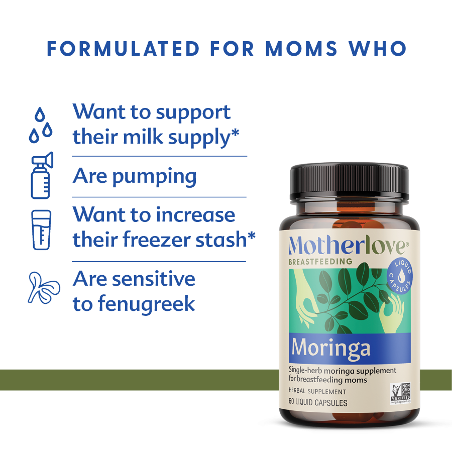 Motherlove Moringa supplement bottle with branding and 'Made in the USA' text on a white background