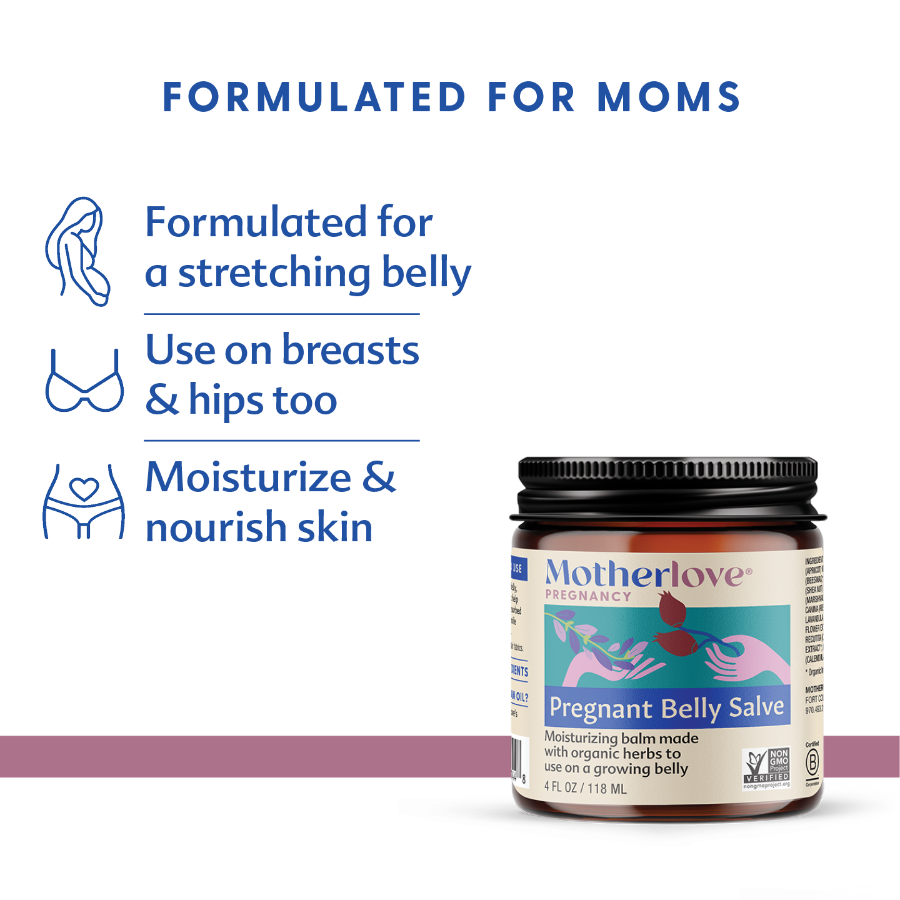 Motherlove Pregnant Belly balm jar with branding and product details on a white background