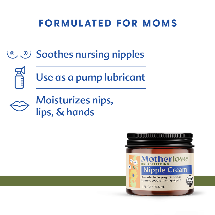 Motherlove nipple cream and manual breast pump with 'Made in the USA' text on a blue background
