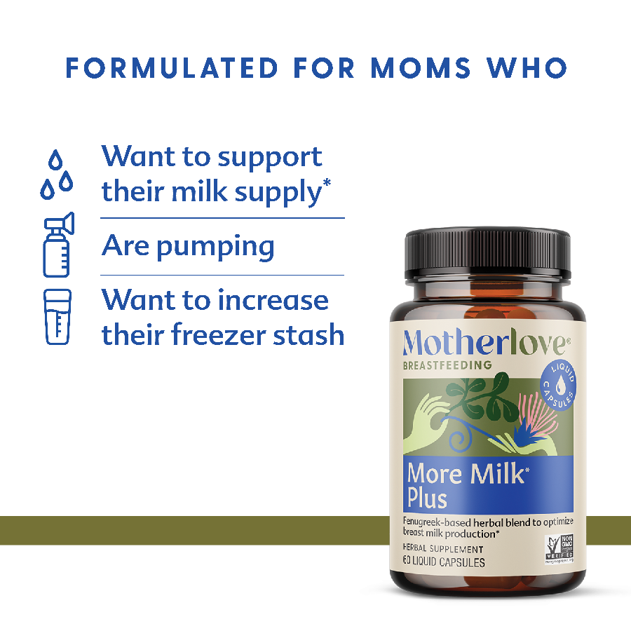 Motherlove More Milk Plus supplement bottle and packaging with 'Made in the USA' label on a white background.