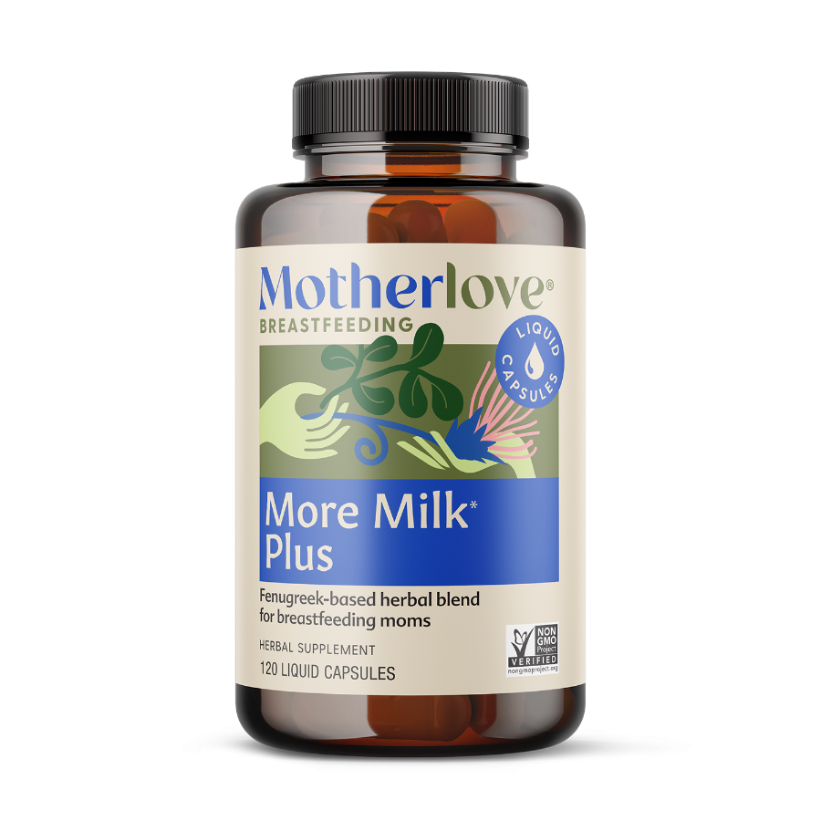 Motherlove More Milk Plus supplement bottle and packaging with 'Made in the USA' label on a white background.