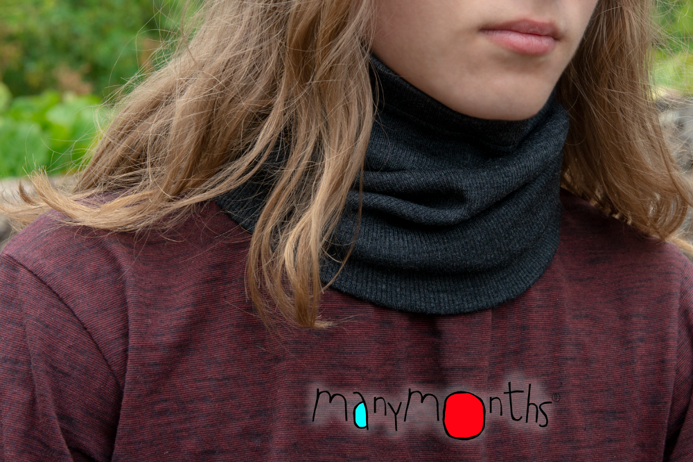 ManyMonths MaM Wool Neck Tube Scarf for adults and teens, shown  on woman