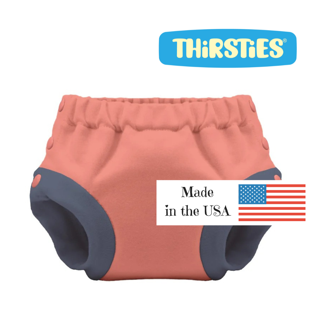 Thirsties potty pant shown in clay with navy edges and Thirsties logo, with made in the usa emblem, on a white background