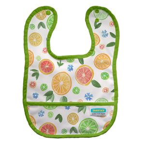 Thirsties brand snapping baby food bib with pocket, shown in Pawsitive Pals cat and dog print