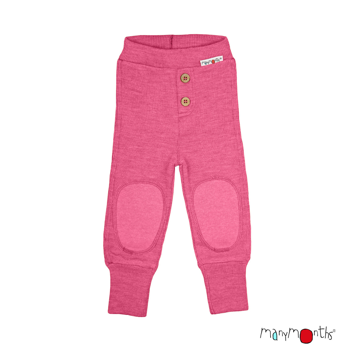 A pair of mustard yellow wool knit baby pants with buttoned henley-style top, elastic cuffs, and knee patches, shown flat on a light gray background. Made by ManyMonths wool
