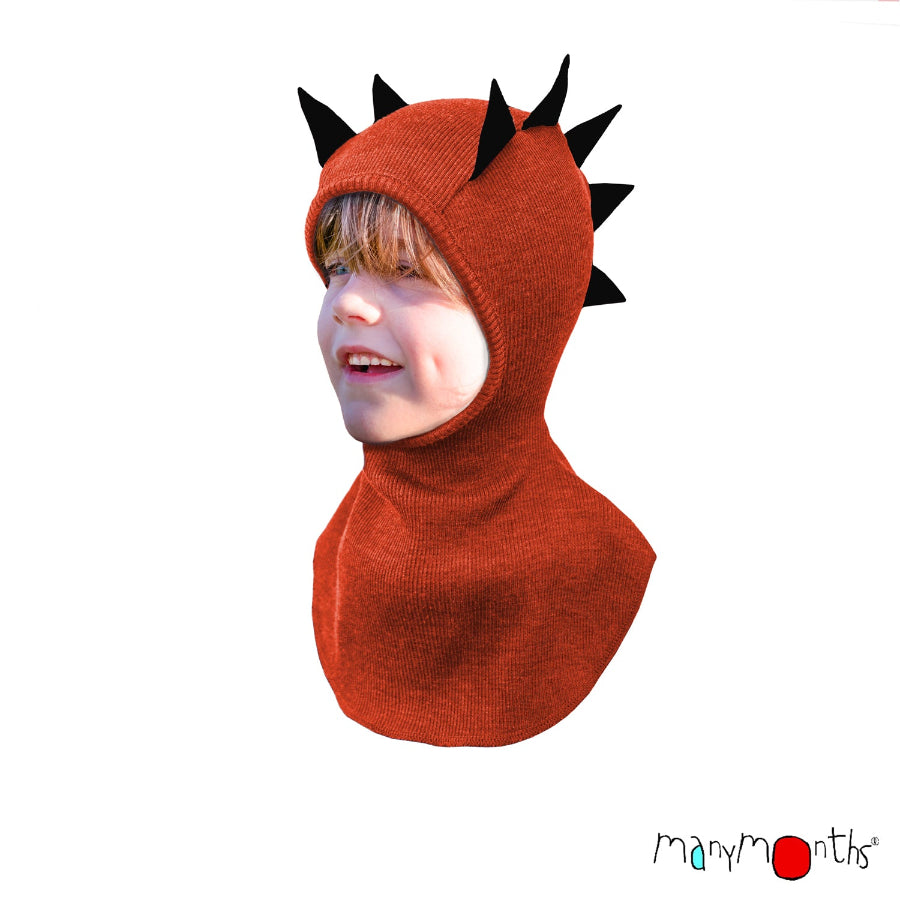 ManyMonths Natural Woolies Dino Hood Balaclava in forest green on boy