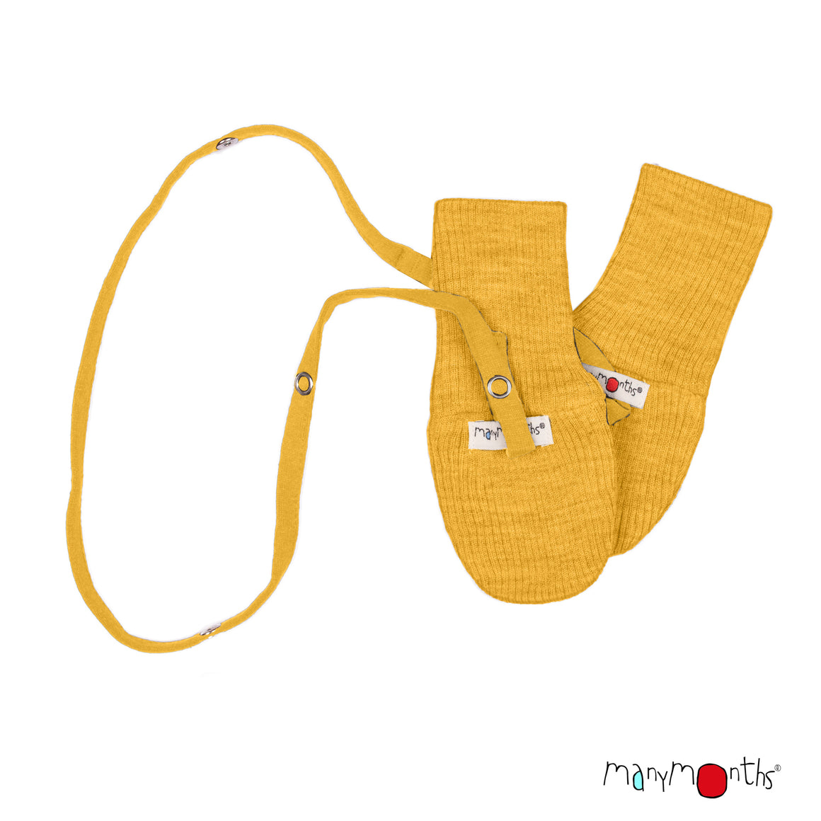 A pair of wool ribbed knit baby mittens in a warm taupe-brown color, featuring optional string with metal snap buttons and a small white brand tag. The brand 'manymonths' is also printed in the bottom right corner on a white background