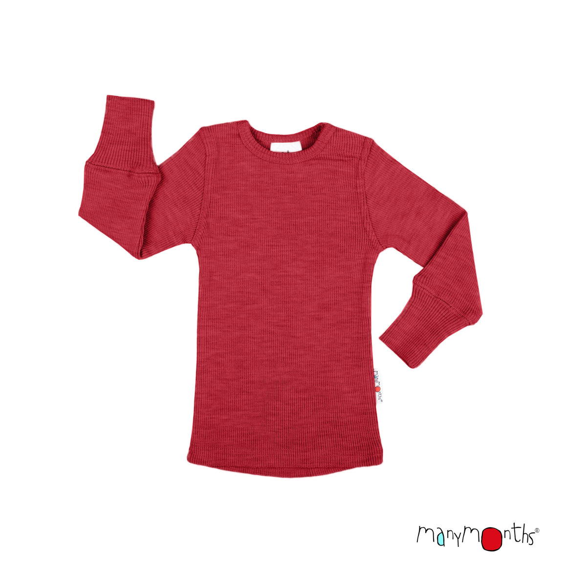 A pink long-sleeve wool ribbed knit top for kids, shown flat against a white background with the Many Months brand logo in the bottom right corner.