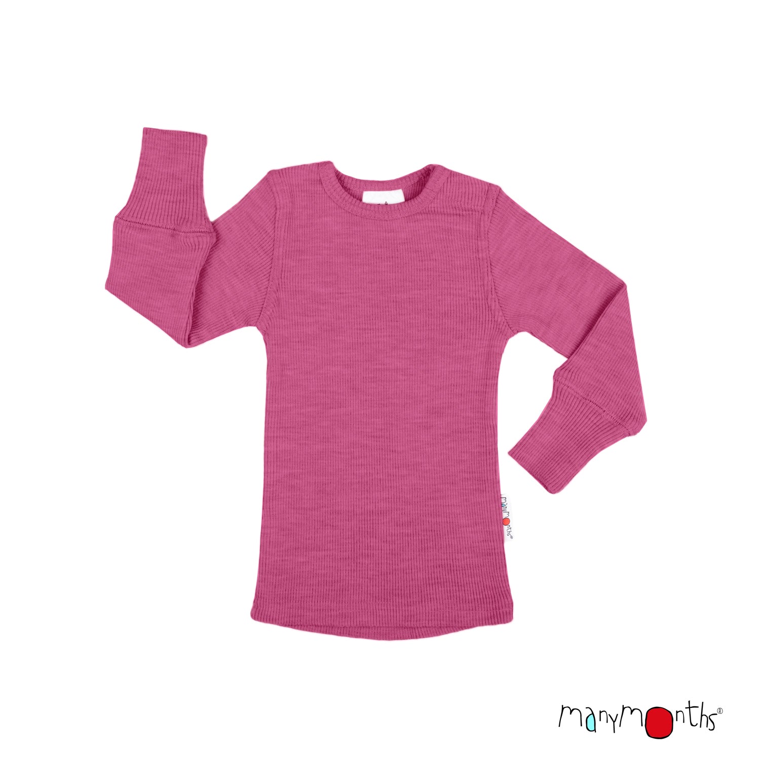 A pink long-sleeve wool ribbed knit top for kids, shown flat against a white background with the Many Months brand logo in the bottom right corner.