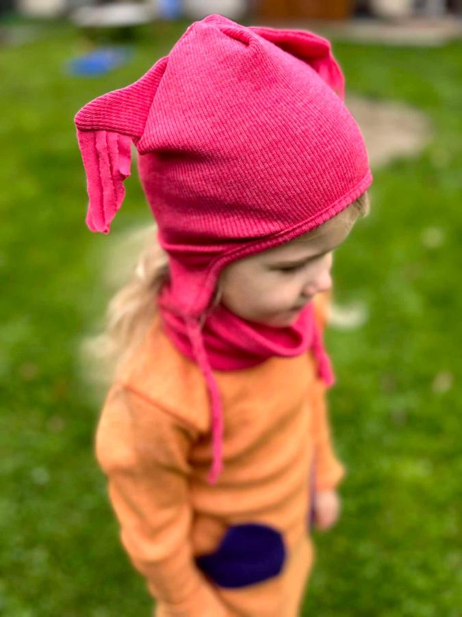 many months owl earflap beanie on a doll in elephant gray