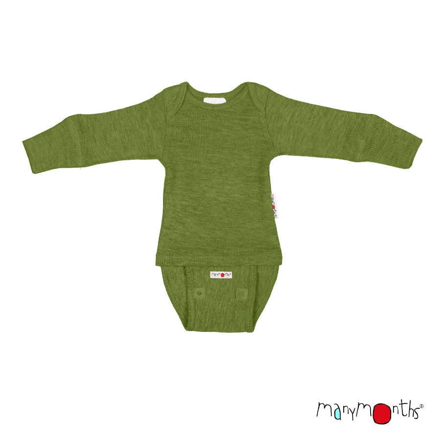 A baby long-sleeve wool knit onesie in Golden Star yellow, featuring a built-in removable snap crotch, displayed flat on a white background. ManyMonths brand logo