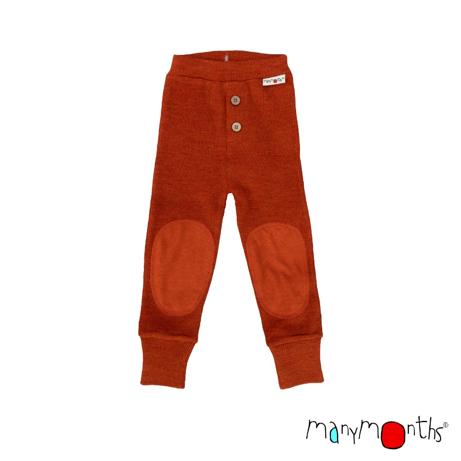 ManyMonths Natural Woollies baby jogger pants with knee patches, shown in garden moss green wool
