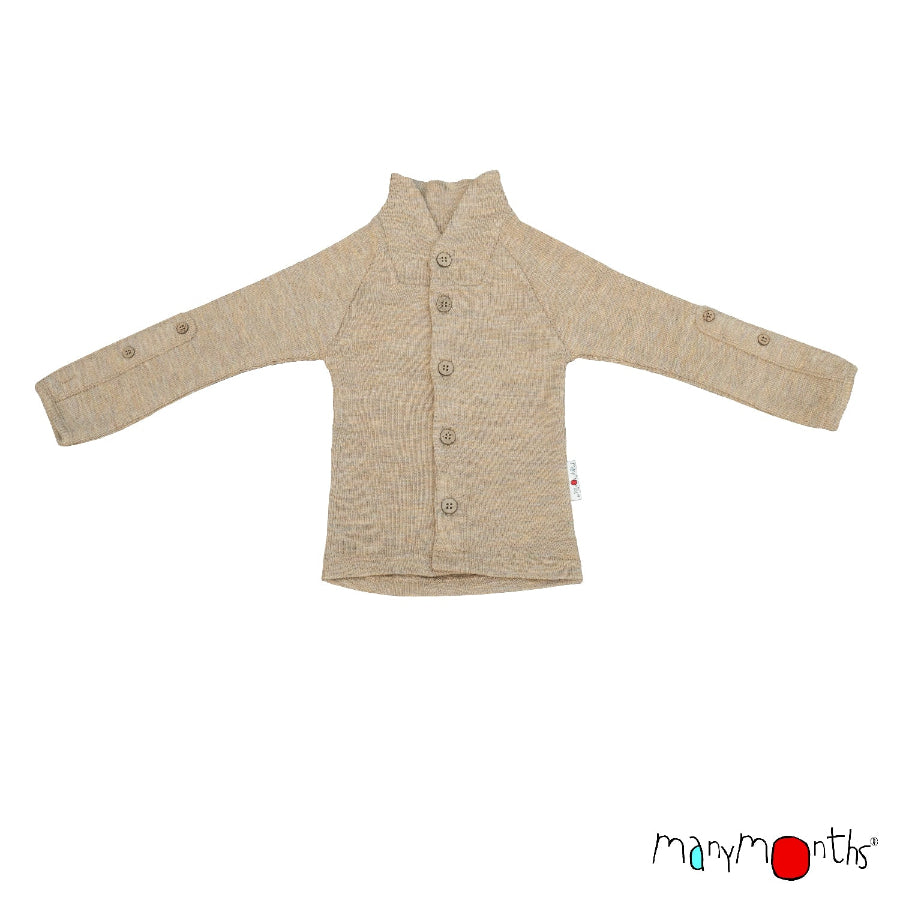 ManyMonths Natural Wool Clothing for children, shown in button up cardigan in true blue 2024 color