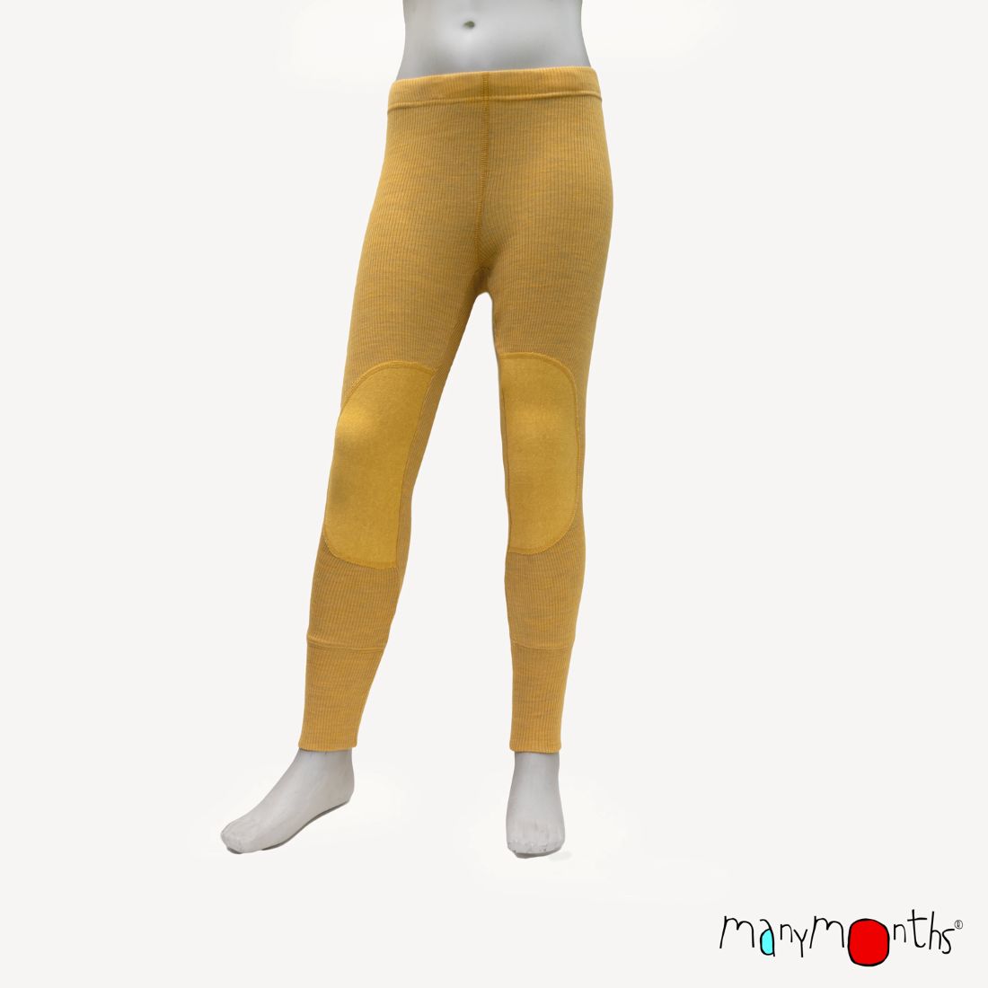 ManyMonths brand wool leggings with knee patches, shown in golden star yellow on mannequin