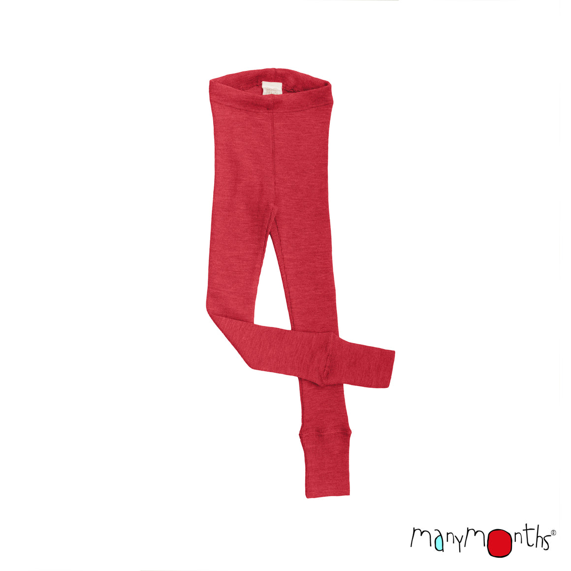 A pair of nebula pink wool knit kids leggings shown flat against a white background, with the brand name 'manymonths' printed in the bottom right corner.