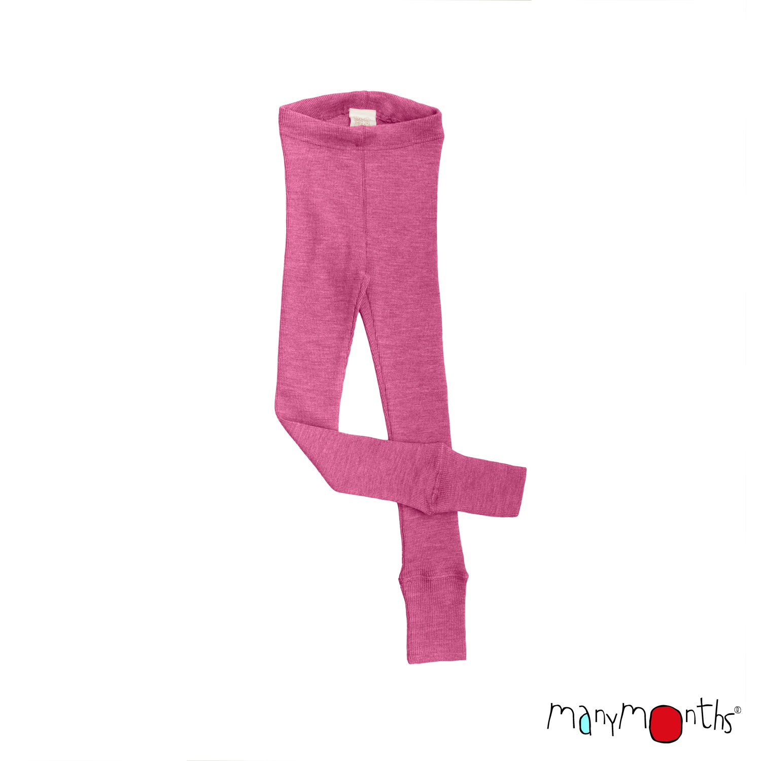 A pair of nebula pink wool knit kids leggings shown flat against a white background, with the brand name 'manymonths' printed in the bottom right corner.