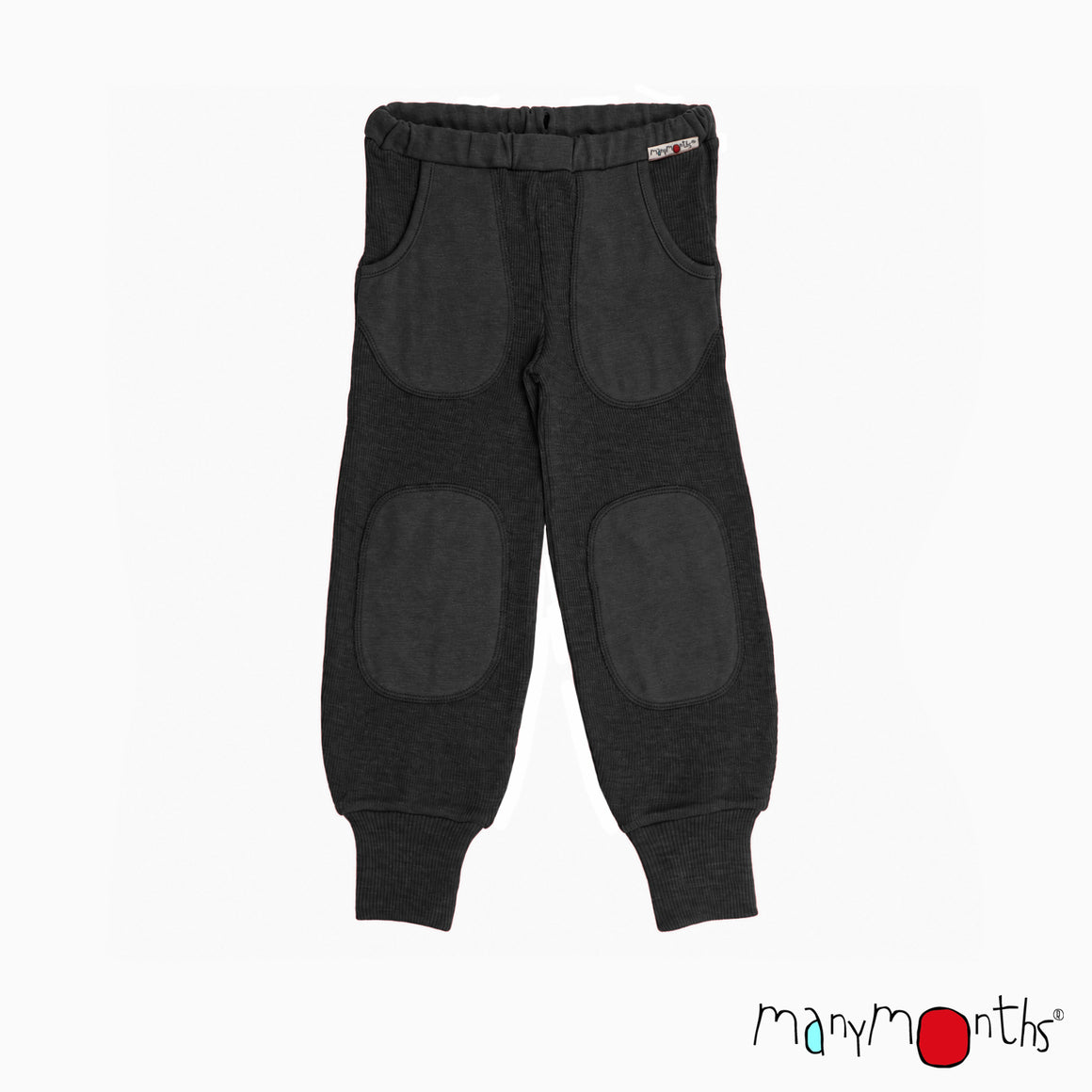 Red wool pants for kids with knee patches and an elastic waistband, shown flat on a white background with the Many Months logo in the bottom right corner.