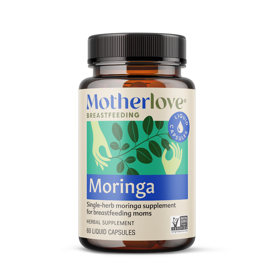 Motherlove Moringa supplement bottle with branding and 'Made in the USA' text on a white background