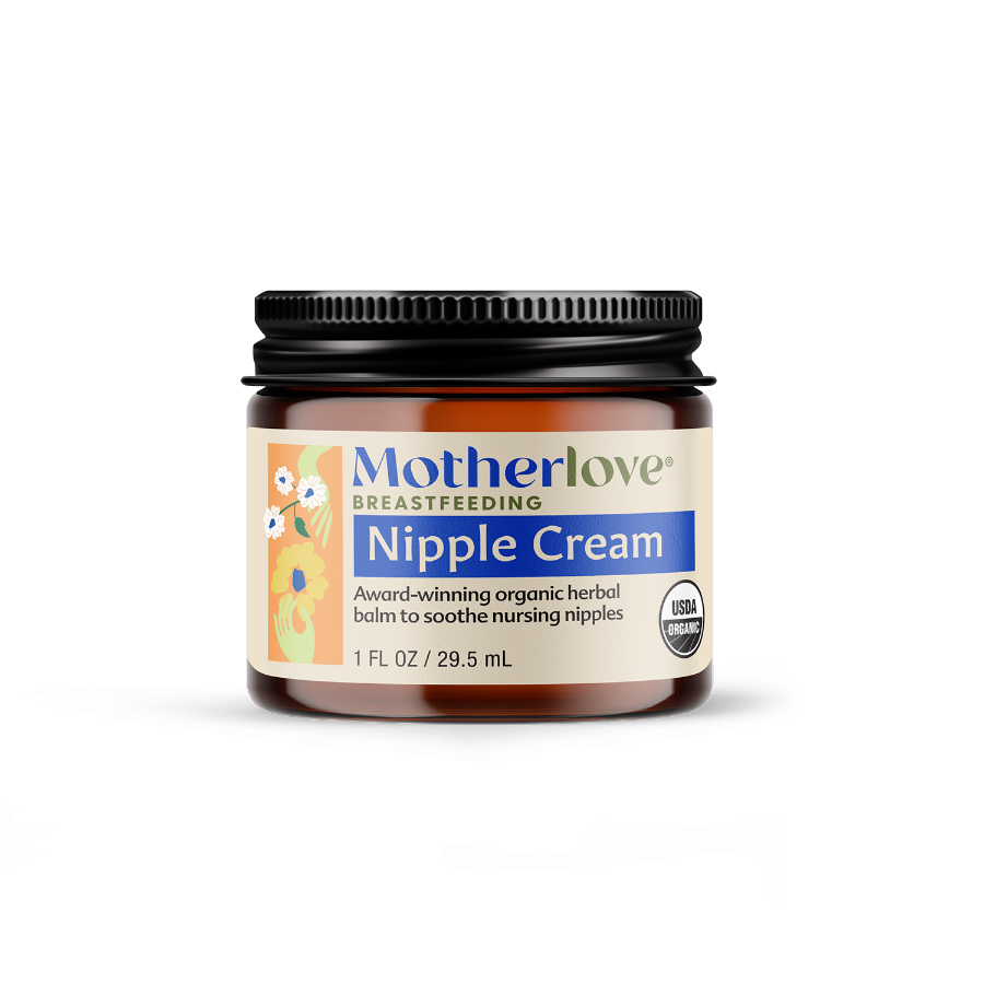 Motherlove nipple cream and manual breast pump with 'Made in the USA' text on a blue background
