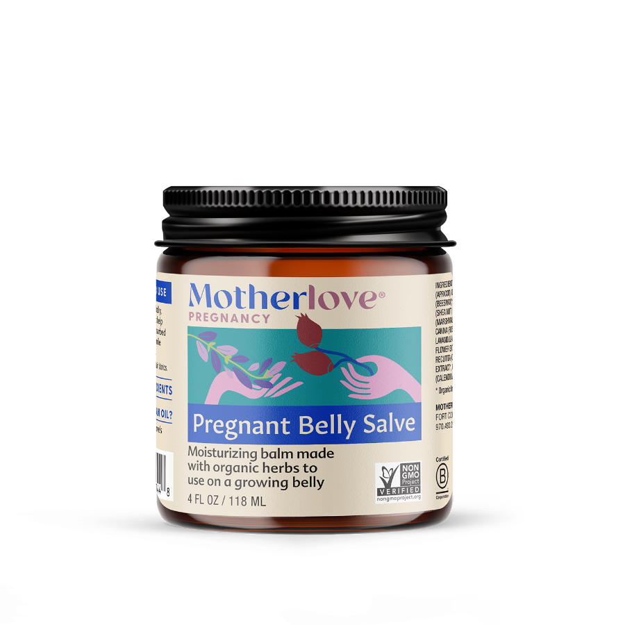 Motherlove Pregnant Belly balm jar with branding and product details on a white background