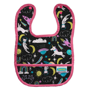 Thirsties brand snapping baby food bib with pocket, shown in Pawsitive Pals cat and dog print