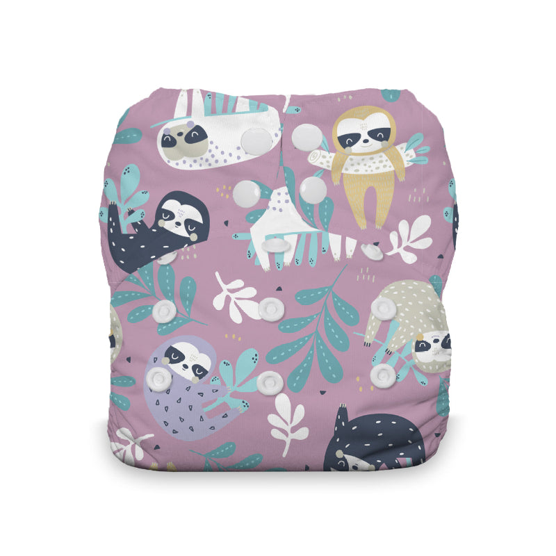 Thirsties Natural All in one diaper on baby, made in the usa, blackbird print