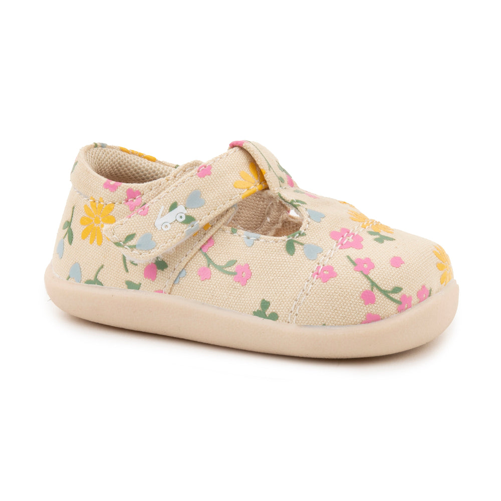 See Kai Run First Walker Shoes for infants and toddlers, wide with flexible soles, shown in Stevie Mini, khaki color with Velcro
