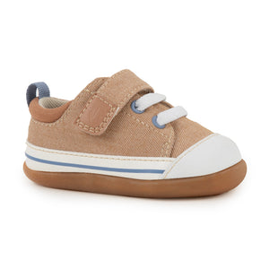 See Kai Run First Walker Shoes for infants and toddlers, wide with flexible soles, shown in Stevie Mini, khaki color with Velcro